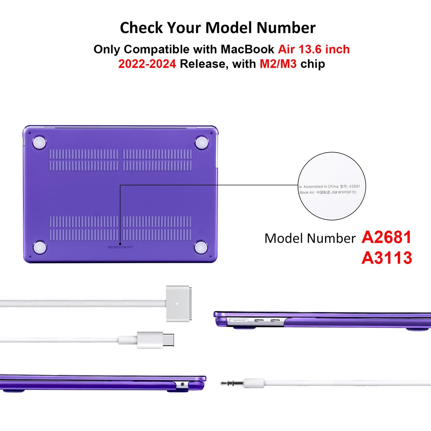 EooCoo Custodia Compatibile con MacBook Air M2 M3 13,6 Pollici A2681 A3113, 2024 2022 con Touch ID, Plastica Rigide Protection Cover MacBook Air 13 M3 M2 Superficie Liscia - Cristallo Trasparente