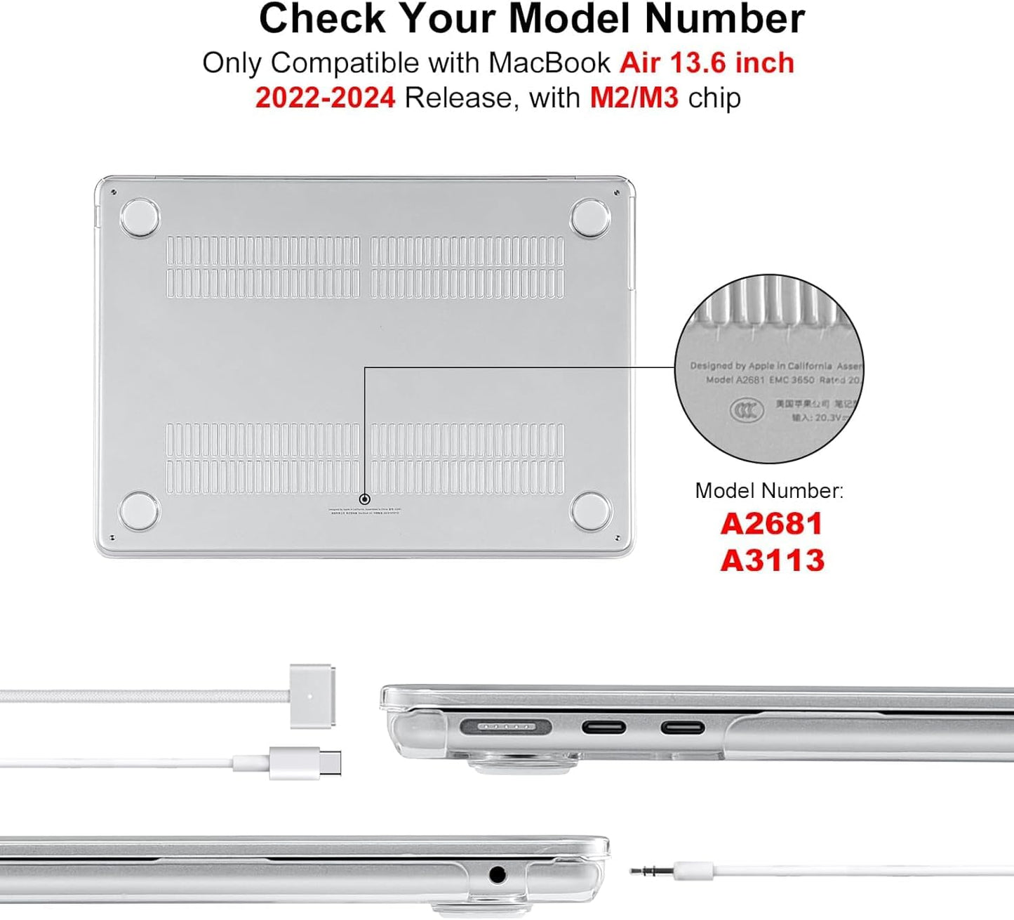 EooCoo Custodia Compatibile con MacBook Air M2 M3 13,6 Pollici A2681 A3113, 2024 2022 con Touch ID, Plastica Rigide Protection Cover MacBook Air 13 M3 M2 Superficie Liscia - Cristallo Trasparente