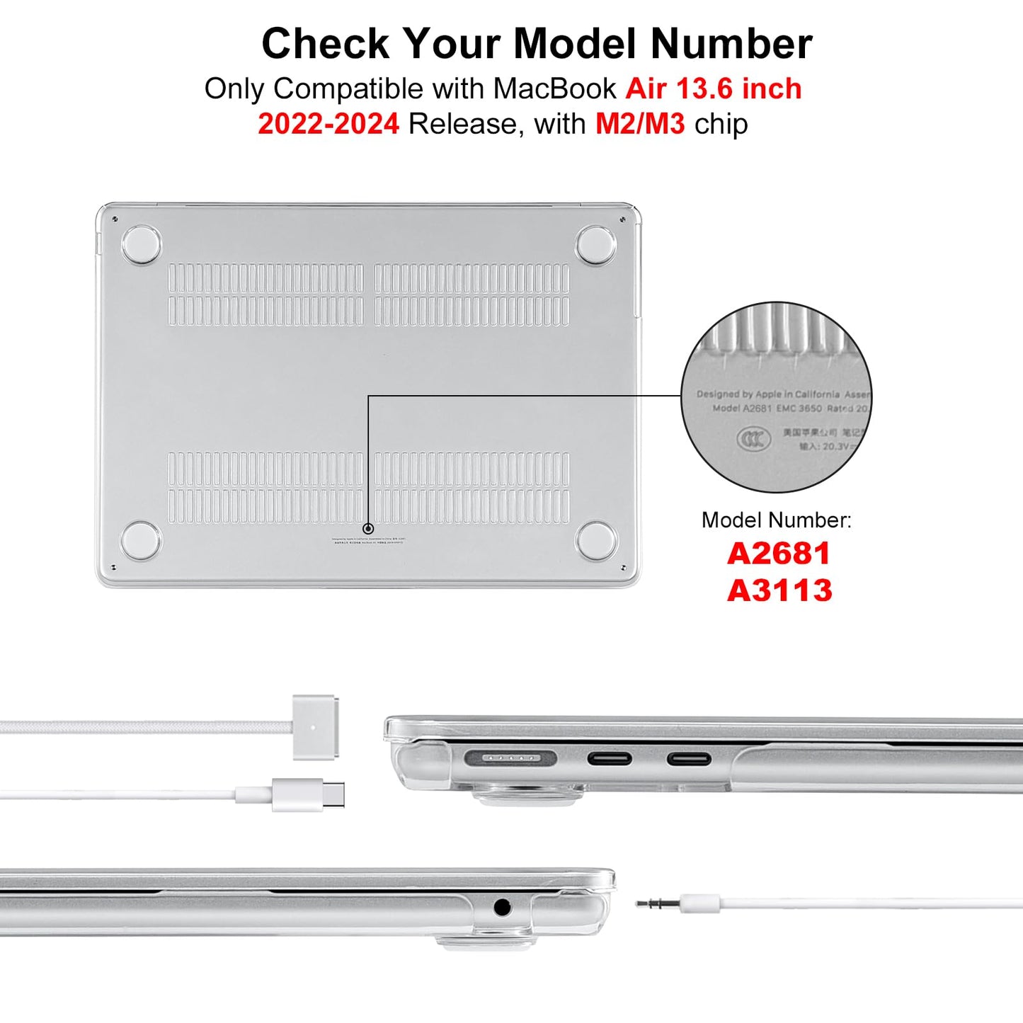 EooCoo Custodia Compatibile con MacBook Air M2 M3 13,6 Pollici A2681 A3113, 2024 2022 con Touch ID, Plastica Rigide Protection Cover MacBook Air 13 M3 M2 Superficie Liscia - Cristallo Trasparente