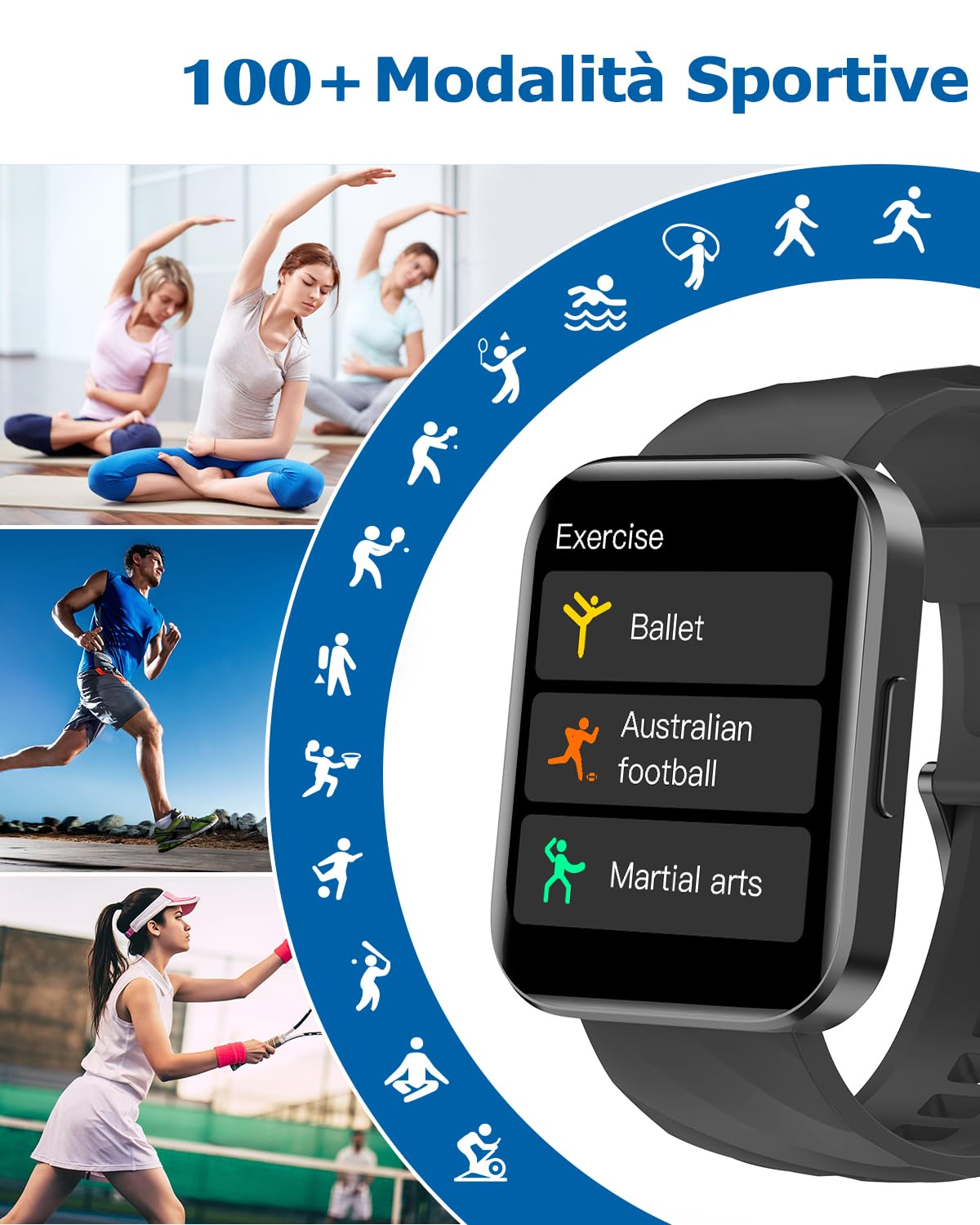 RUIMEN Smartwatch Uomo Donna Orologio Smart Watch Risposta Chiamate Contapassi Cardiofrequenzimetro da polso Saturimetro Orologio Fitness Sportivo Impermeabile Notifiche Messaggi per Android iOS Nero