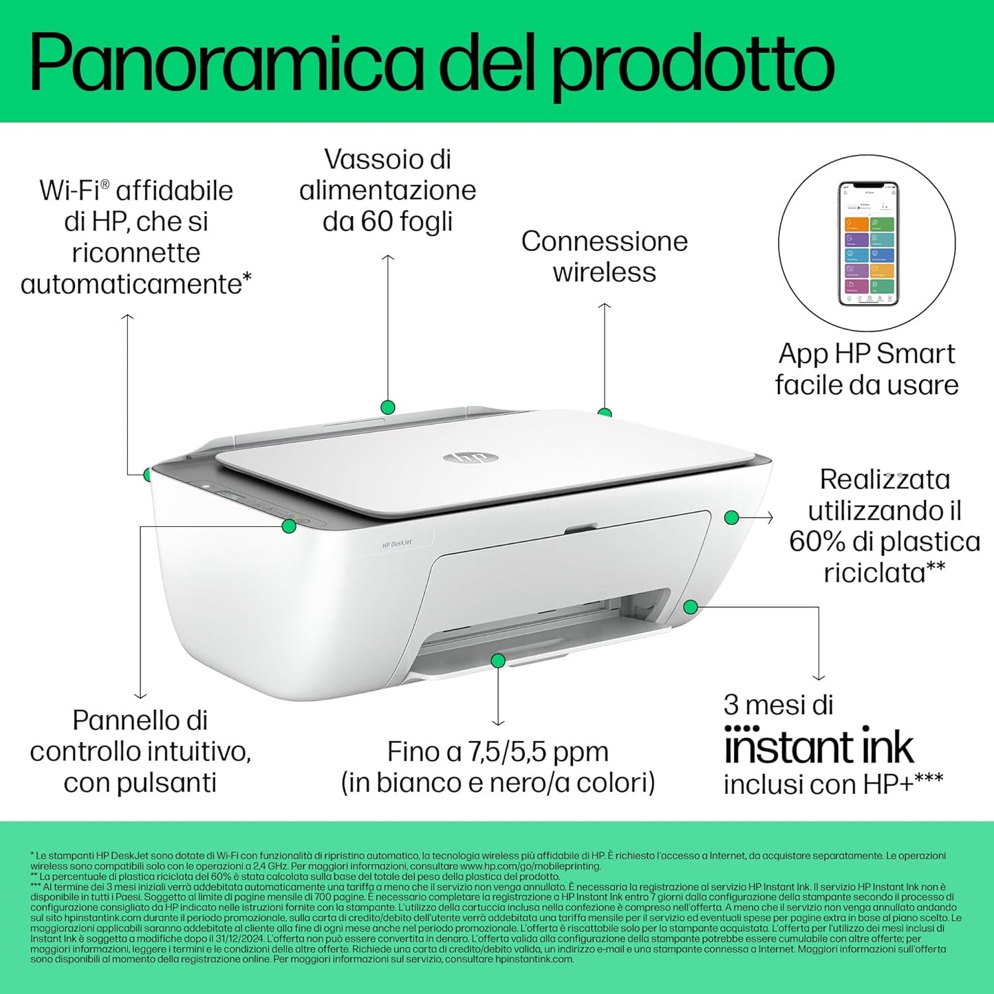 HP DeskJet 2820e 588K9B, Stampante Multifunzione a Getto d'Inchiostro A4 a Colori, Fronte e Retro Manuale, 7,5 ppm, Wi-Fi, HP Smart, 3 Mesi di Inchiostro Instant Ink Inclusi, Bianca