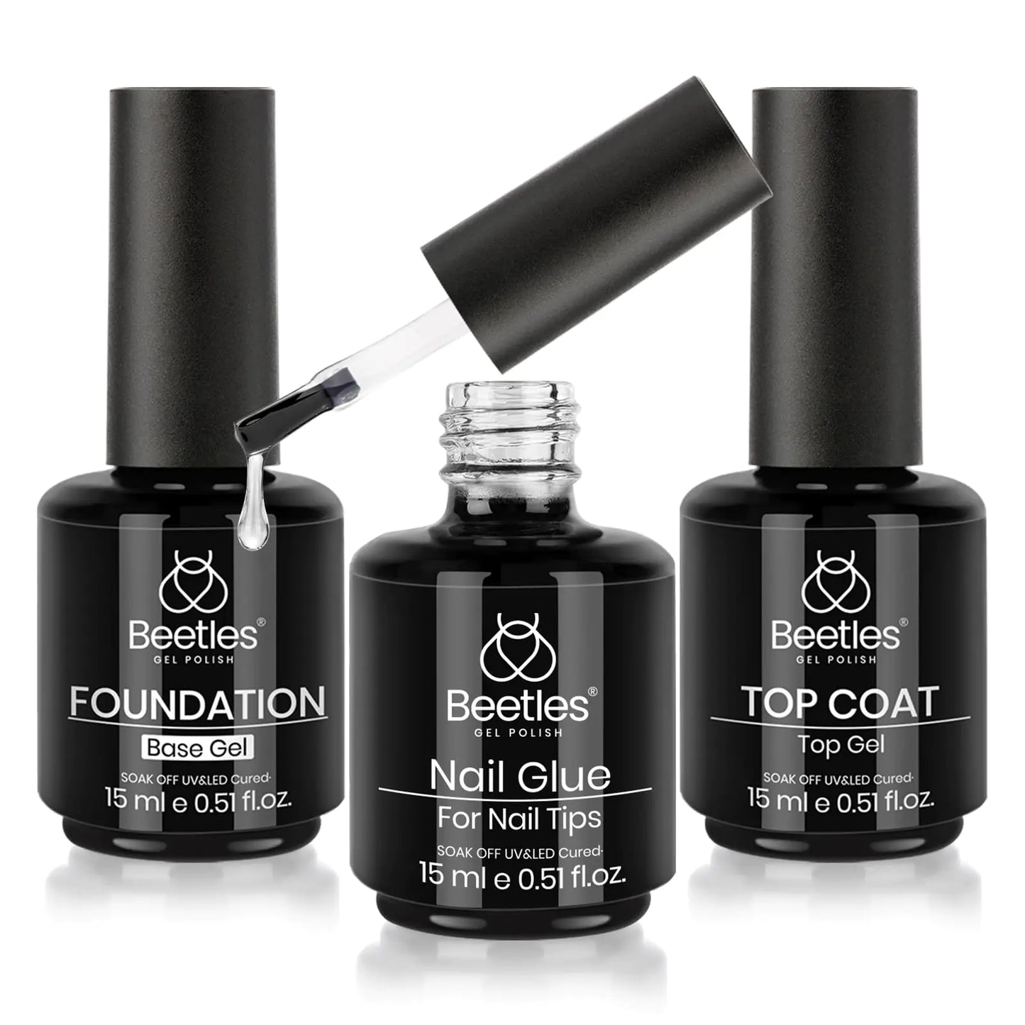 Beetles Top Coat Base Gel & Nail Glue Set-3Pcs No Wipe Top Coat & Base Coat with 5 In 1 Nail Glue Shine Effect Long Lasting Soak Off Uv Light Lamp Diy Home for Women Girls 1-Top Base and Nail Glue