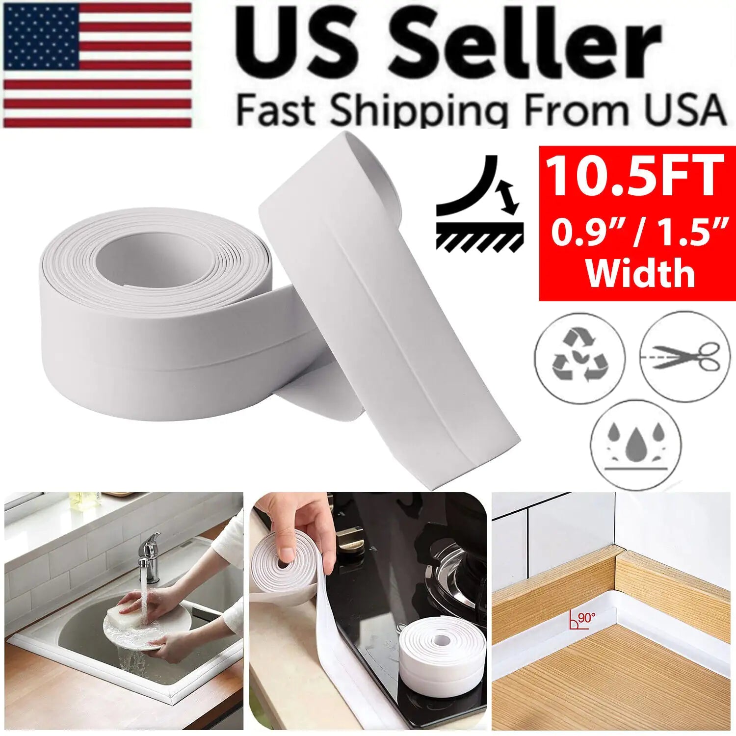 10.5FT PVC Self Adhesive Caulk Sealing Strip Tape For Kitchen Wall Sink Toilet - Ty Marcket