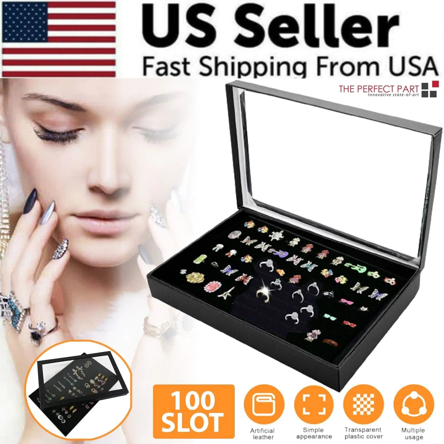 100 Slots Jewelry Ring Display Organizer Tray Holder Earrings Storage Box Case - Ty Marcket